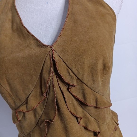 Womens Suede Dress sz 42 Made In Italy Halter Ruffle Open-Back Mini - Picture 3 of 13